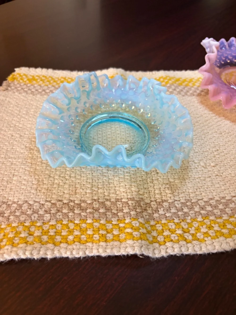 Vintage MCM (1940-69) Fenton Art Opalescent Aquamarine Hobnail Ruffled Dish